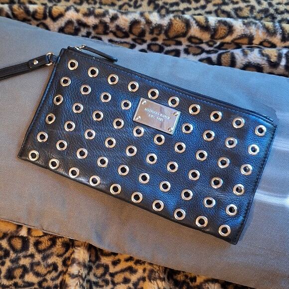 Michael Kors Wristlet Black Leather Eyelets 9.75" x 5.5" Clutch Going Out Rocker - Picture 1 of 9